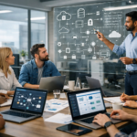 HR professionals and software engineers collaborating in a modern office with API architecture diagrams and digital HR dashboards on screens