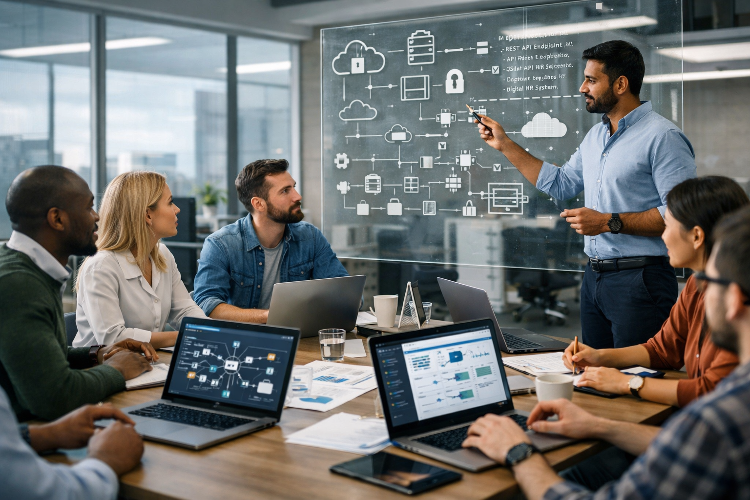 HR professionals and software engineers collaborating in a modern office with API architecture diagrams and digital HR dashboards on screens
