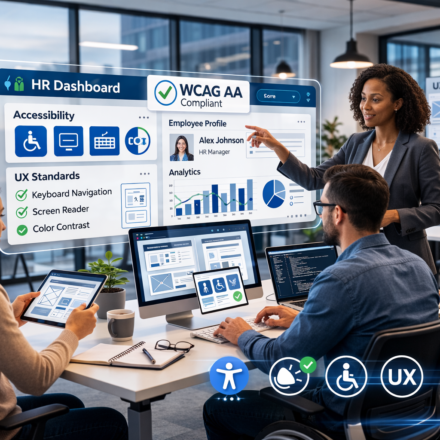 Modern HR technology office showcasing Accessibility & UX Standards with WCAG AA compliant dashboard, responsive UX wireframes, and diverse team collaborating on accessible HR software development.