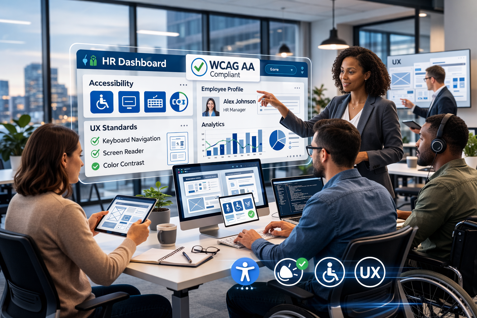 Modern HR technology office showcasing Accessibility & UX Standards with WCAG AA compliant dashboard, responsive UX wireframes, and diverse team collaborating on accessible HR software development.