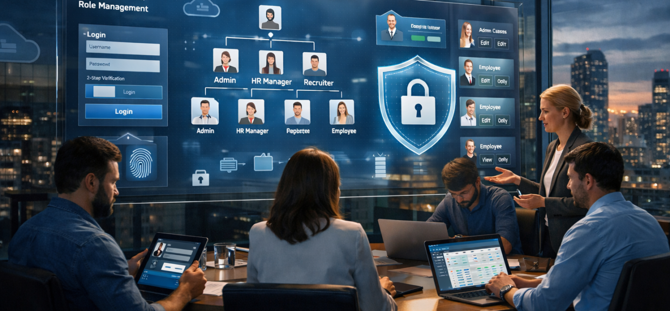 Authentication & Role Management in HR software dashboard showing secure login, multi-factor authentication, RBAC role hierarchy, and enterprise HR team collaboration in a modern office.