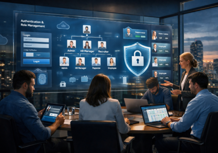 Authentication & Role Management in HR software dashboard showing secure login, multi-factor authentication, RBAC role hierarchy, and enterprise HR team collaboration in a modern office.