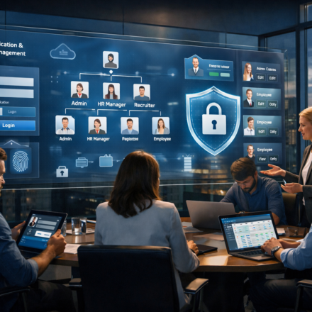 Authentication & Role Management in HR software dashboard showing secure login, multi-factor authentication, RBAC role hierarchy, and enterprise HR team collaboration in a modern office.
