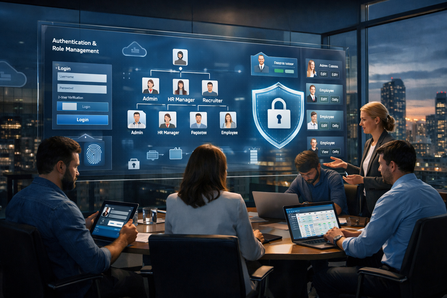 Authentication & Role Management in HR software dashboard showing secure login, multi-factor authentication, RBAC role hierarchy, and enterprise HR team collaboration in a modern office.