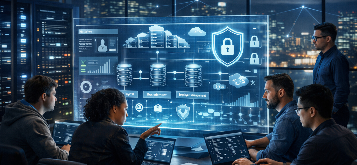 Backend Development for HR Systems dashboard showing secure database architecture, API integrations, cloud infrastructure, and cybersecurity layers in a modern enterprise office.