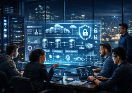 Backend Development for HR Systems dashboard showing secure database architecture, API integrations, cloud infrastructure, and cybersecurity layers in a modern enterprise office.