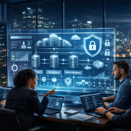 Backend Development for HR Systems dashboard showing secure database architecture, API integrations, cloud infrastructure, and cybersecurity layers in a modern enterprise office.