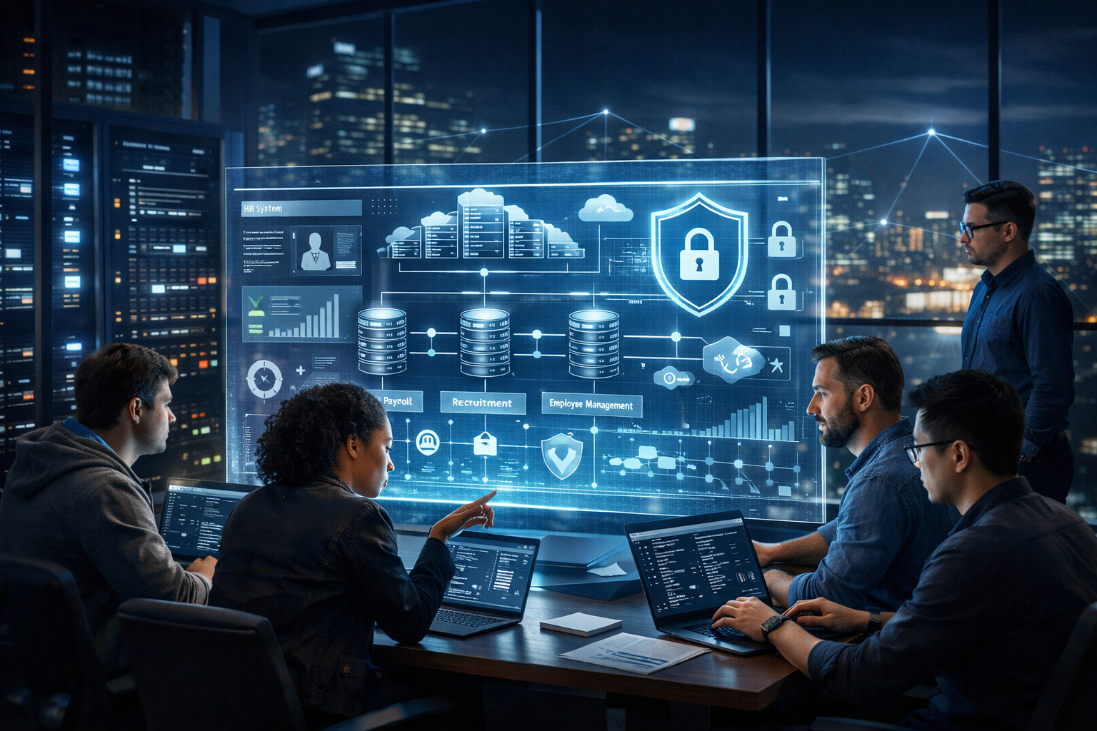 Backend Development for HR Systems dashboard showing secure database architecture, API integrations, cloud infrastructure, and cybersecurity layers in a modern enterprise office.