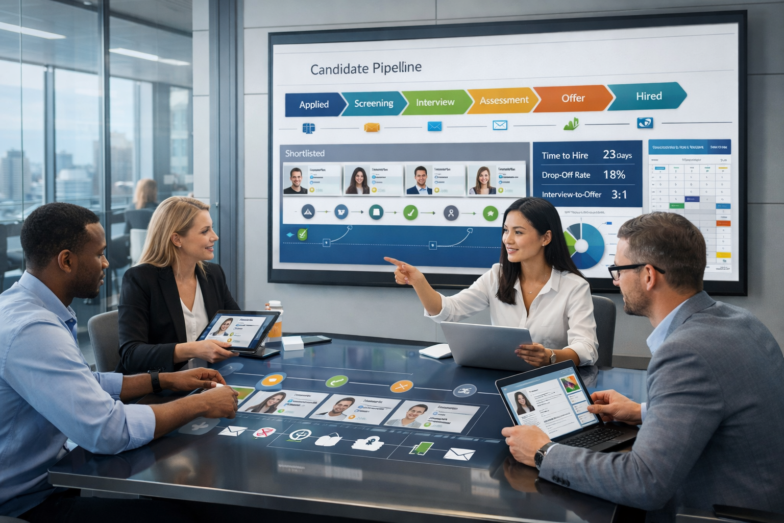 HR team managing candidate pipeline management dashboard with automated hiring workflow stages including screening, interviews, and offer tracking.