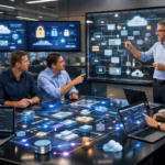 Diverse HR professionals and software engineers collaborating in a modern office with interactive dashboards showing API-driven HR system integration and composable ecosystem architecture.