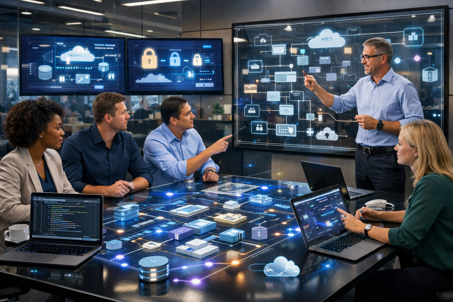 Diverse HR professionals and software engineers collaborating in a modern office with interactive dashboards showing API-driven HR system integration and composable ecosystem architecture.