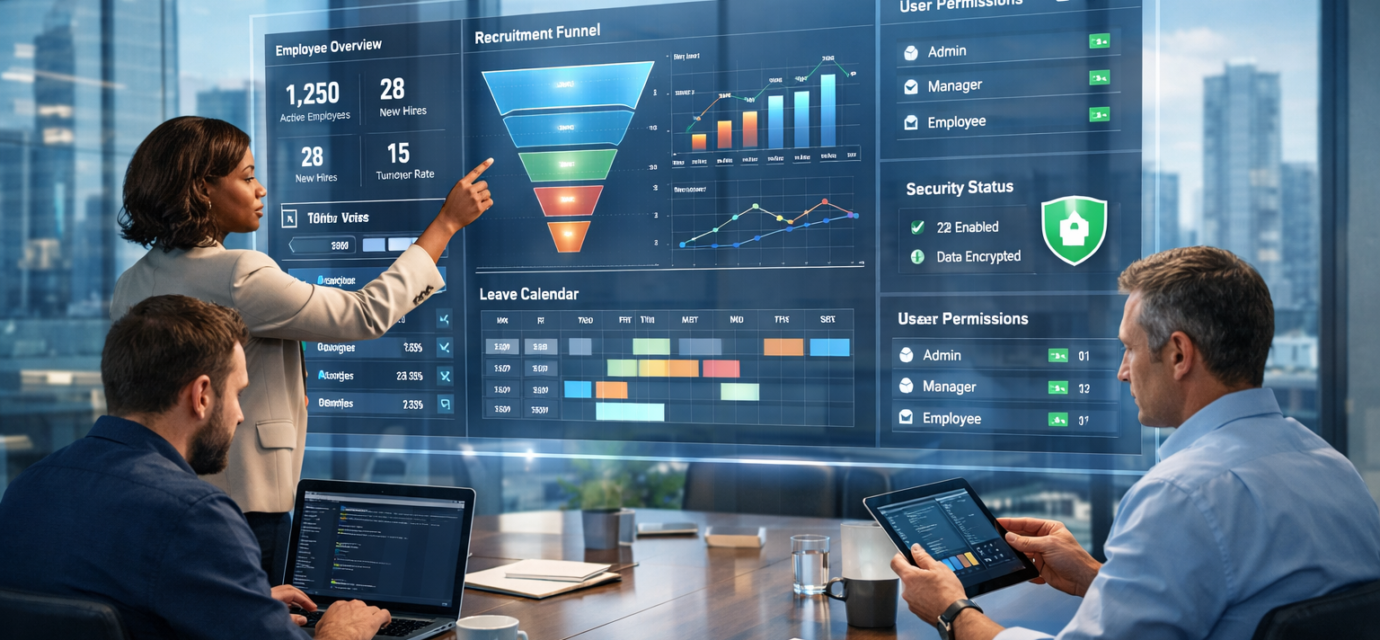 Dashboards & Admin Interfaces for HR Development displayed on a holographic analytics dashboard in a modern corporate office with HR manager, developer, and executive reviewing workforce data.