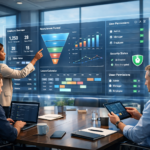 Dashboards & Admin Interfaces for HR Development displayed on a holographic analytics dashboard in a modern corporate office with HR manager, developer, and executive reviewing workforce data.