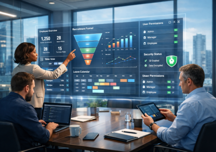 Dashboards & Admin Interfaces for HR Development displayed on a holographic analytics dashboard in a modern corporate office with HR manager, developer, and executive reviewing workforce data.