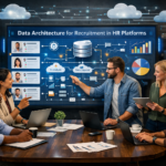 Data architecture for recruitment in HR platforms showing candidate data flow, database structure, analytics dashboard, and system integrations
