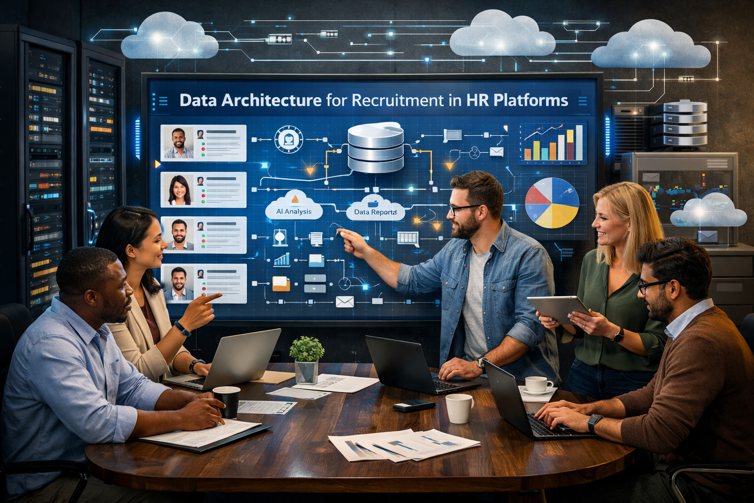 Data architecture for recruitment in HR platforms showing candidate data flow, database structure, analytics dashboard, and system integrations