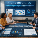 HR team collaborating around a digital dashboard displaying an end-to-end hiring process workflow with screening, interviews, analytics, and offer automation.