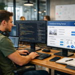 IT engineer developing a frontend hiring portal for HR recruitment system in a modern office workspace with dual monitors displaying code and applicant dashboard