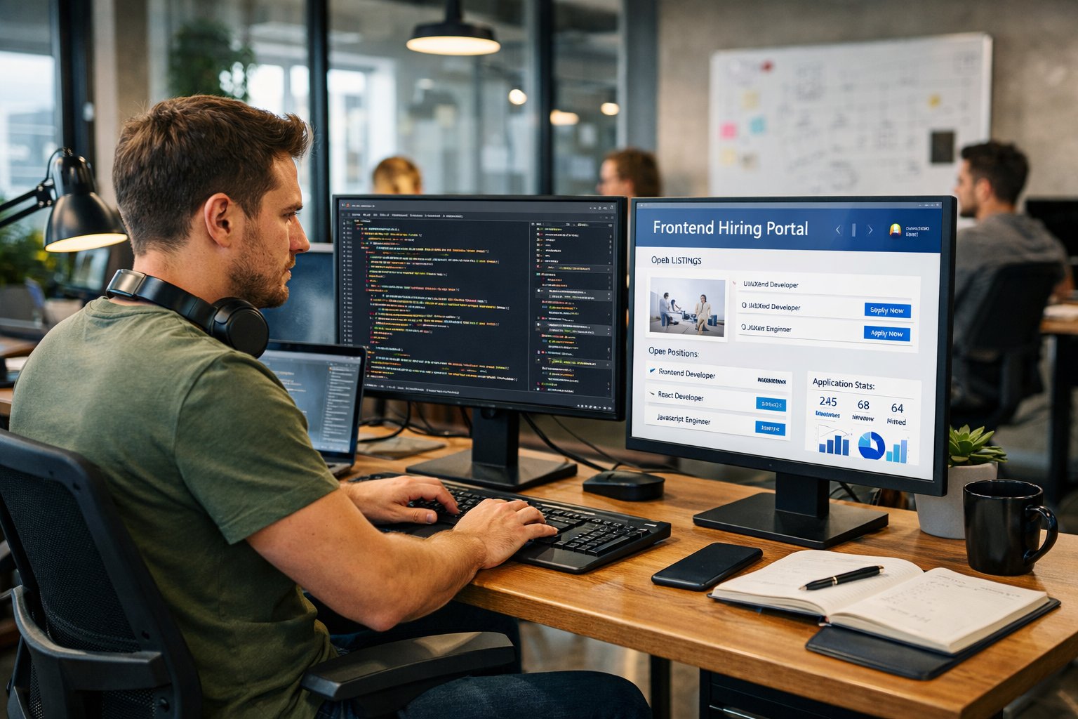 IT engineer developing a frontend hiring portal for HR recruitment system in a modern office workspace with dual monitors displaying code and applicant dashboard