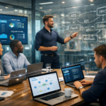 Diverse HR and software team collaborating in a modern office with dashboards and API diagrams showing HRIS and ATS integrations.