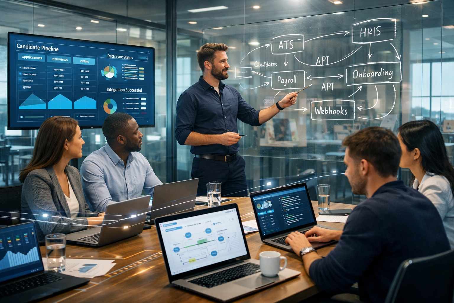 Diverse HR and software team collaborating in a modern office with dashboards and API diagrams showing HRIS and ATS integrations.