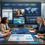 Interview scheduling systems dashboard displayed in a modern corporate office with HR team collaborating around a digital hiring automation workflow table.