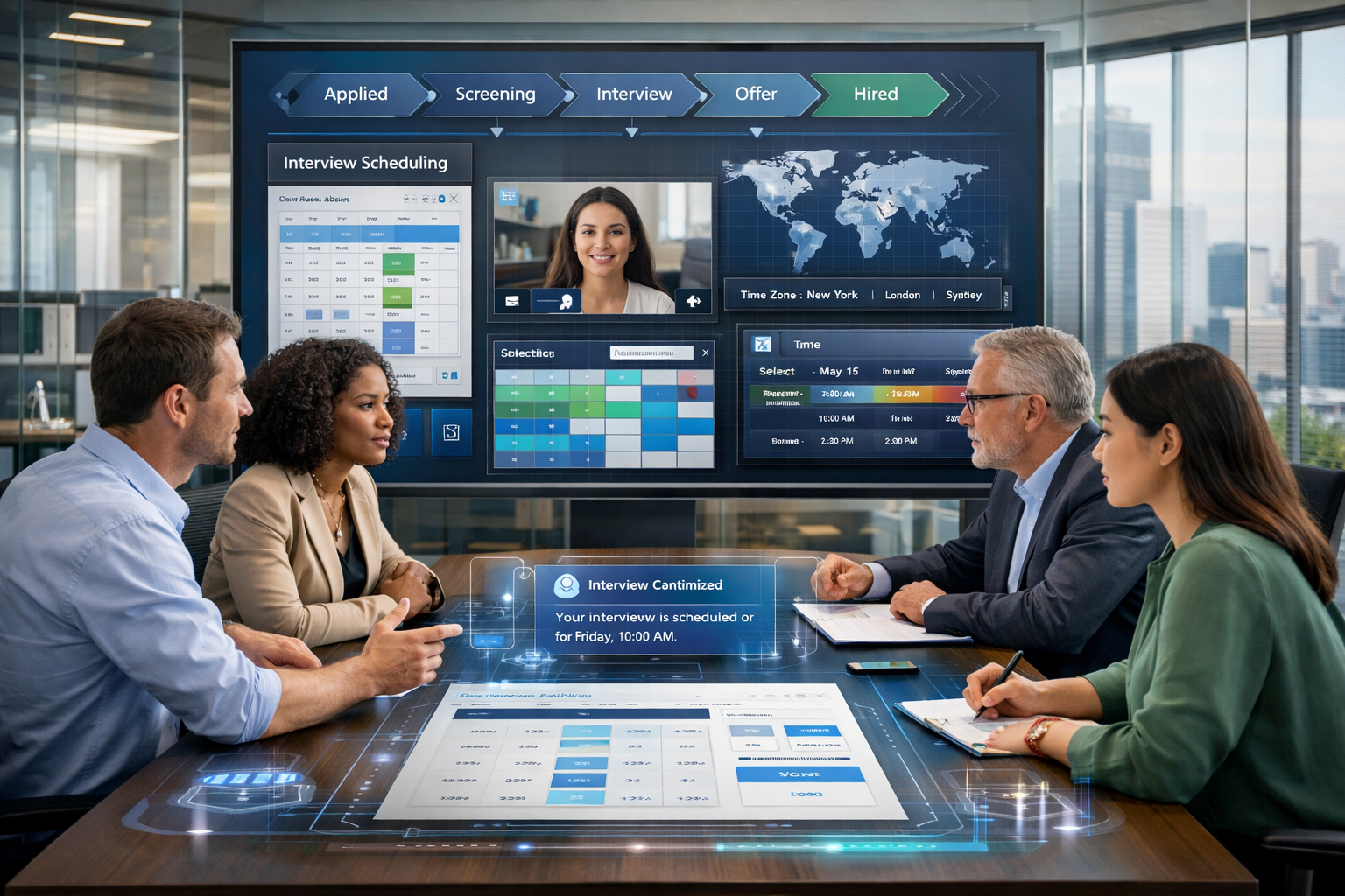 Interview scheduling systems dashboard displayed in a modern corporate office with HR team collaborating around a digital hiring automation workflow table.