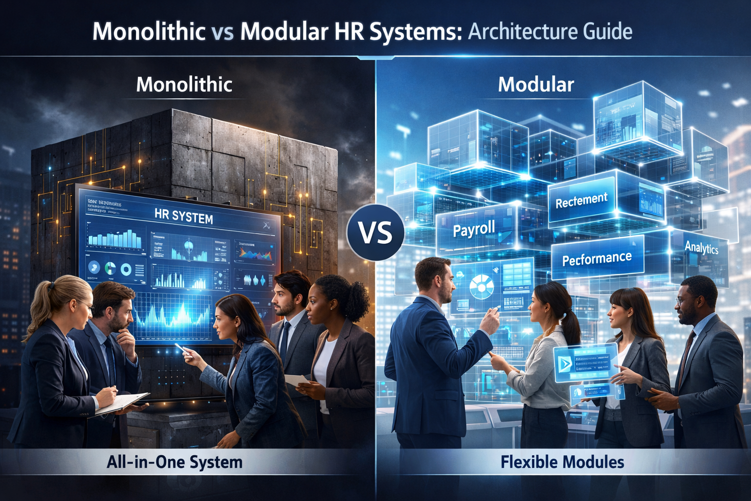Monolithic vs modular HR systems architecture diagram comparing centralized and module-based HR platform design