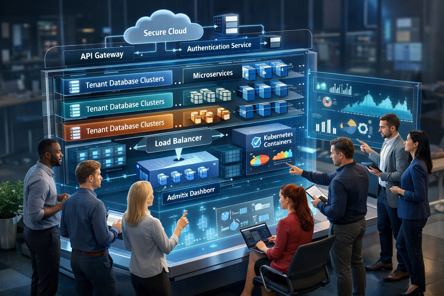 Multi-tenant SaaS design diagram showing shared HR platform architecture with tenant data isolation