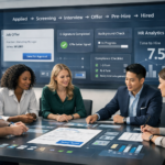 Diverse HR team reviewing digital offer letter and automated hiring workflow dashboard showing offer and pre-hire automation process in modern corporate office