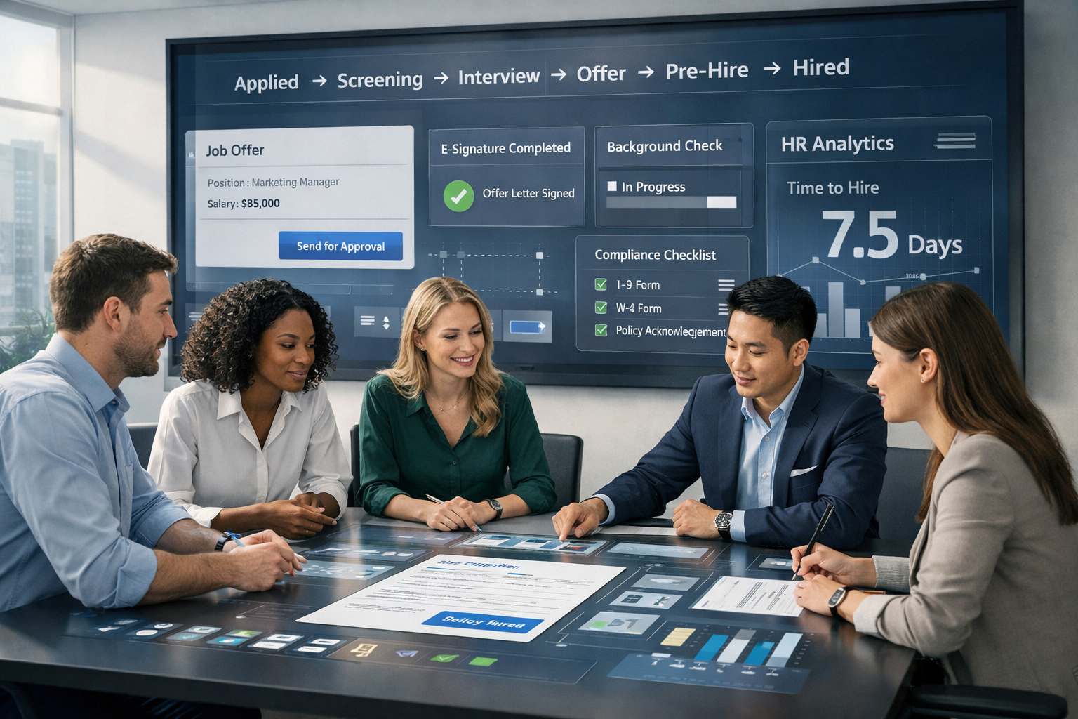 Diverse HR team reviewing digital offer letter and automated hiring workflow dashboard showing offer and pre-hire automation process in modern corporate office