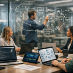 Modern HR and software team collaborating on recruitment API integration with ATS, job boards, payroll systems, and webhooks displayed on glass board.