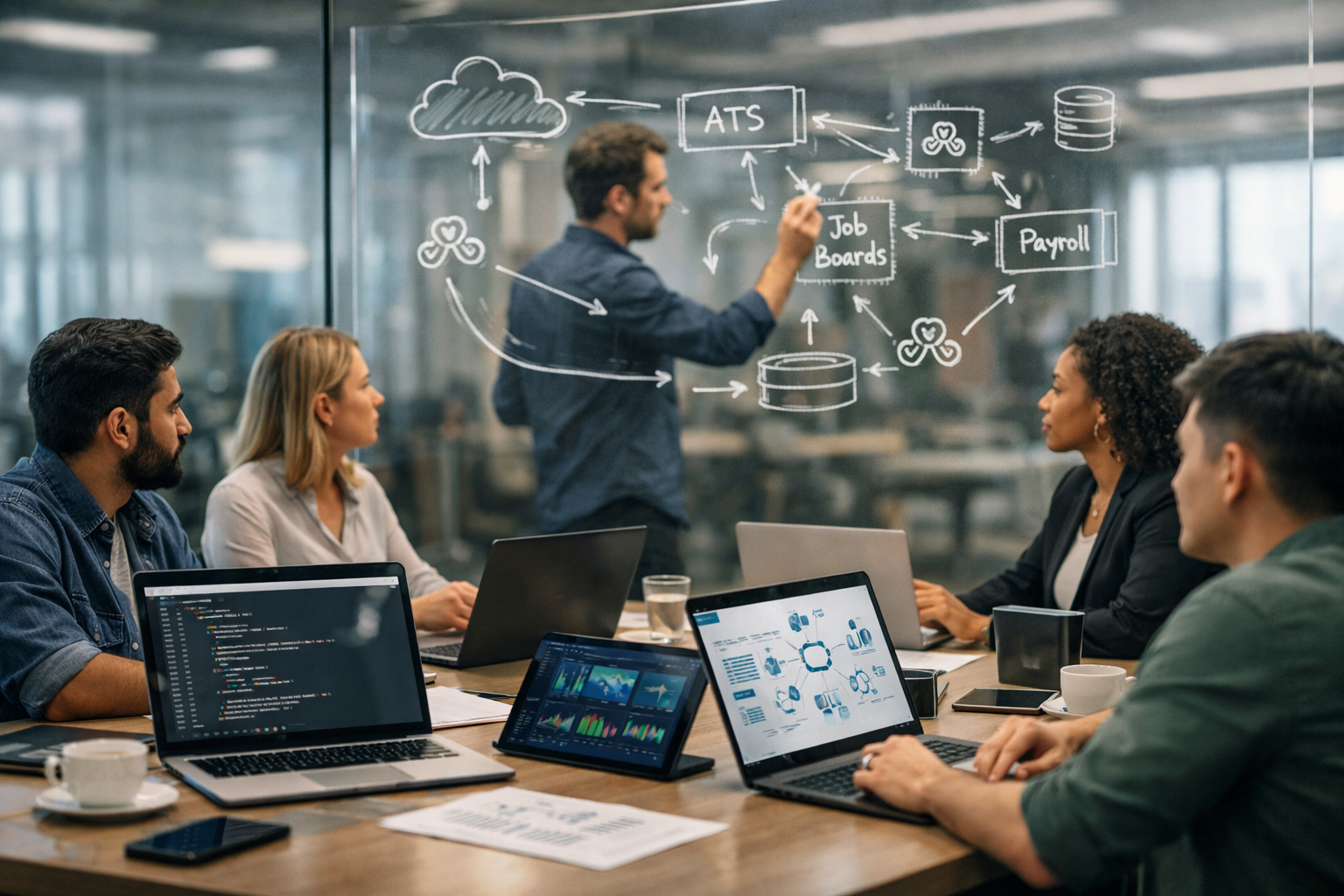 Modern HR and software team collaborating on recruitment API integration with ATS, job boards, payroll systems, and webhooks displayed on glass board.