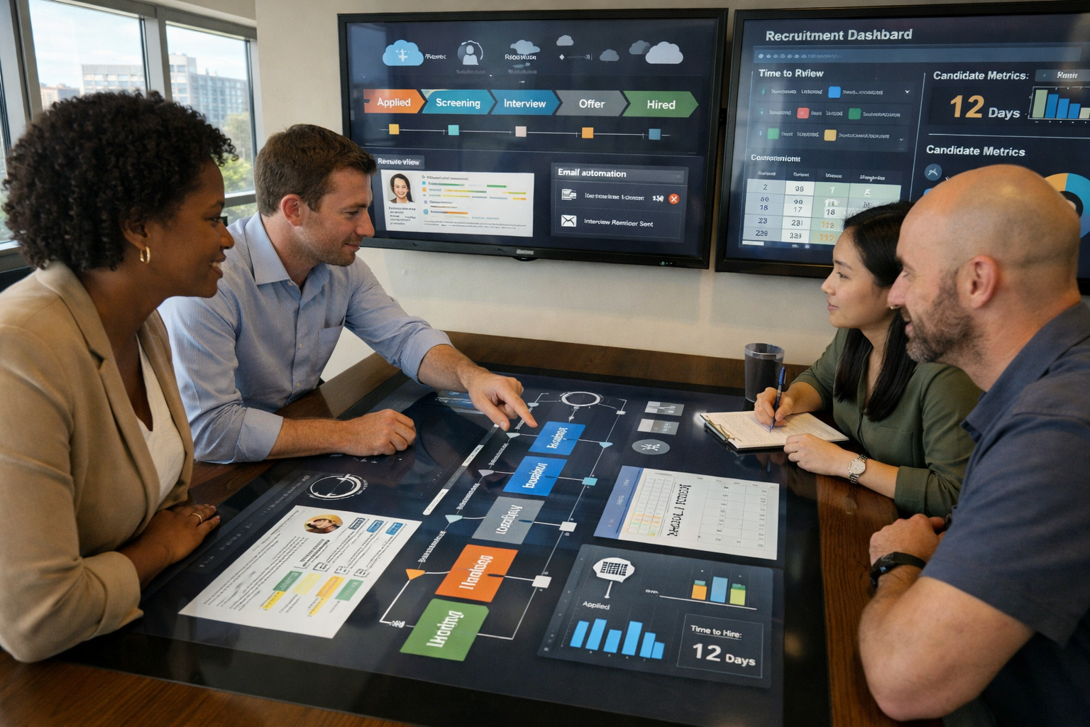 Diverse HR team reviewing recruitment workflow automation dashboard with hiring pipeline, resume screening, interview scheduling, and analytics metrics in a modern corporate office.