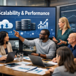 Scalable HR platform architecture dashboard showing performance monitoring and cloud infrastructure scaling