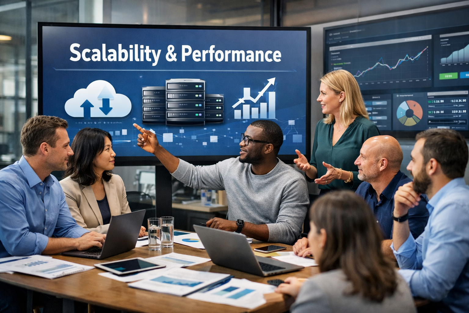 Scalable HR platform architecture dashboard showing performance monitoring and cloud infrastructure scaling