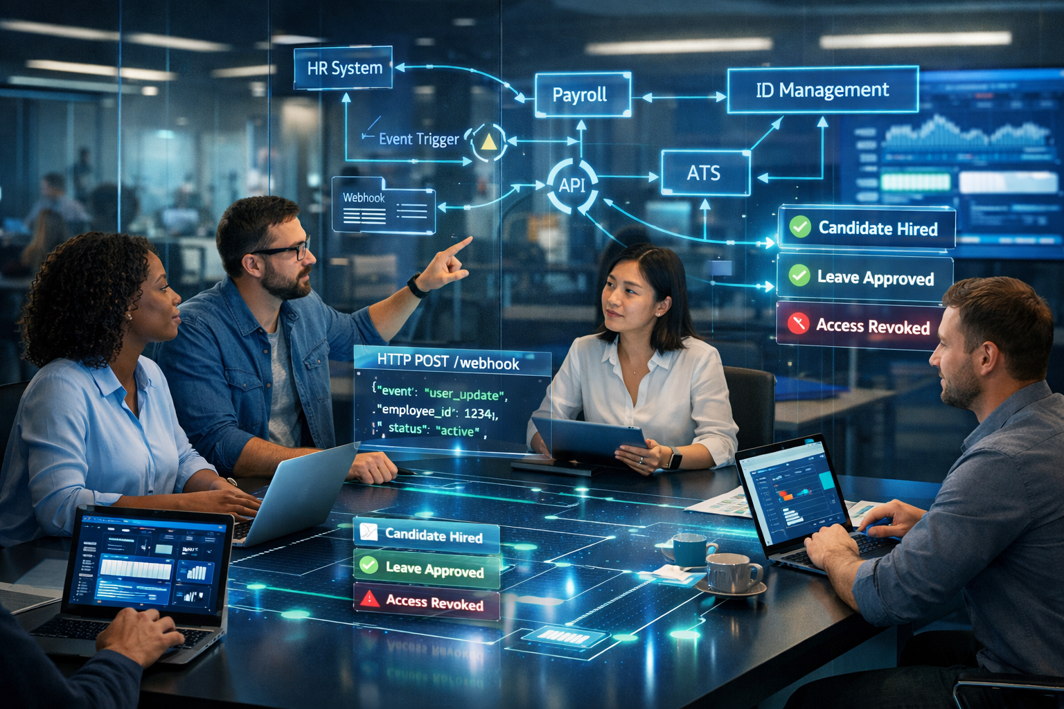Diverse HR and IT professionals collaborating in a modern corporate office with digital dashboards, webhook JSON data, and event-based workflow diagrams connecting HR, payroll, ATS, and ID management systems.