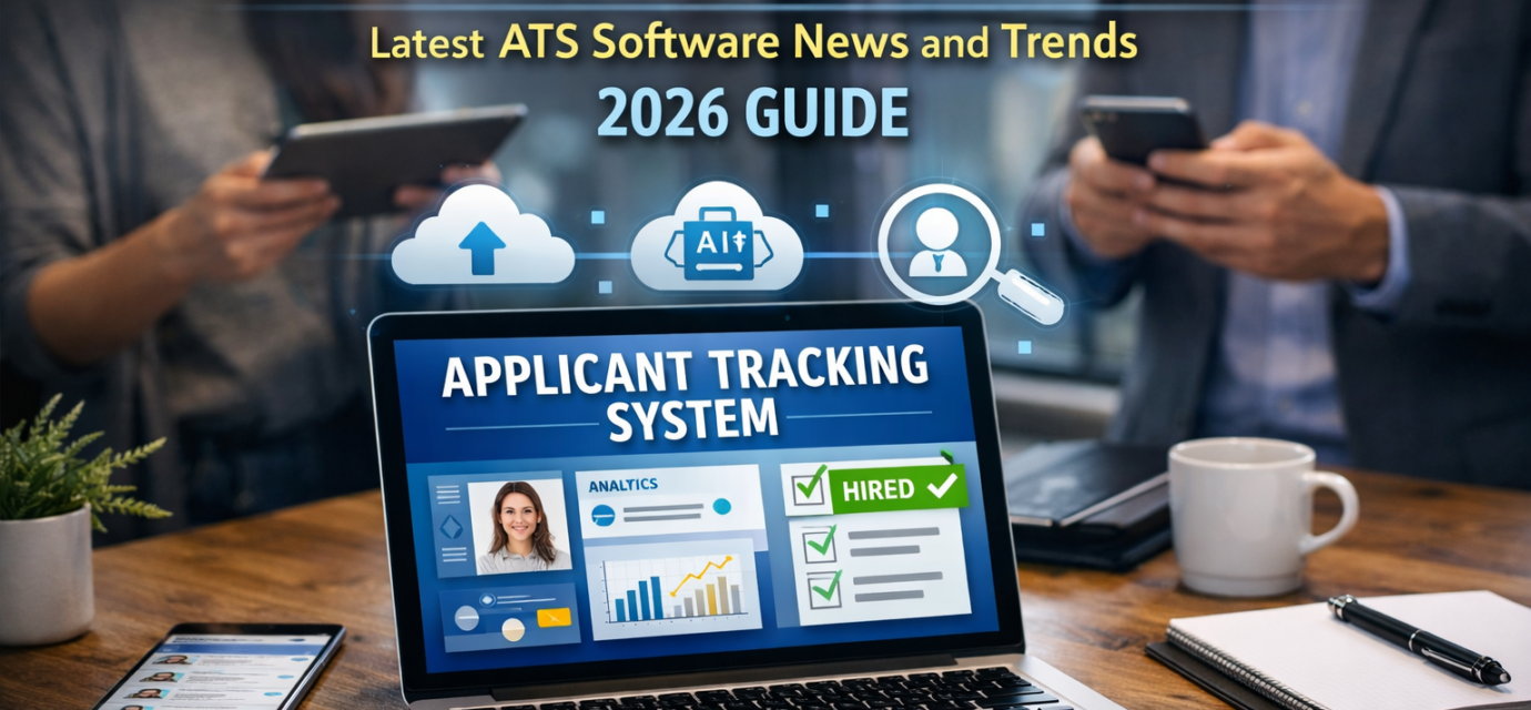 Cloud-based applicant tracking system dashboard with AI recruitment analytics and candidate hiring interface on laptop