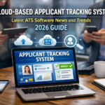 Cloud-based applicant tracking system dashboard with AI recruitment analytics and candidate hiring interface on laptop