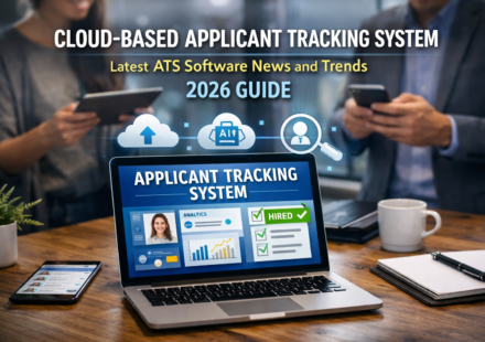 Cloud-based applicant tracking system dashboard with AI recruitment analytics and candidate hiring interface on laptop