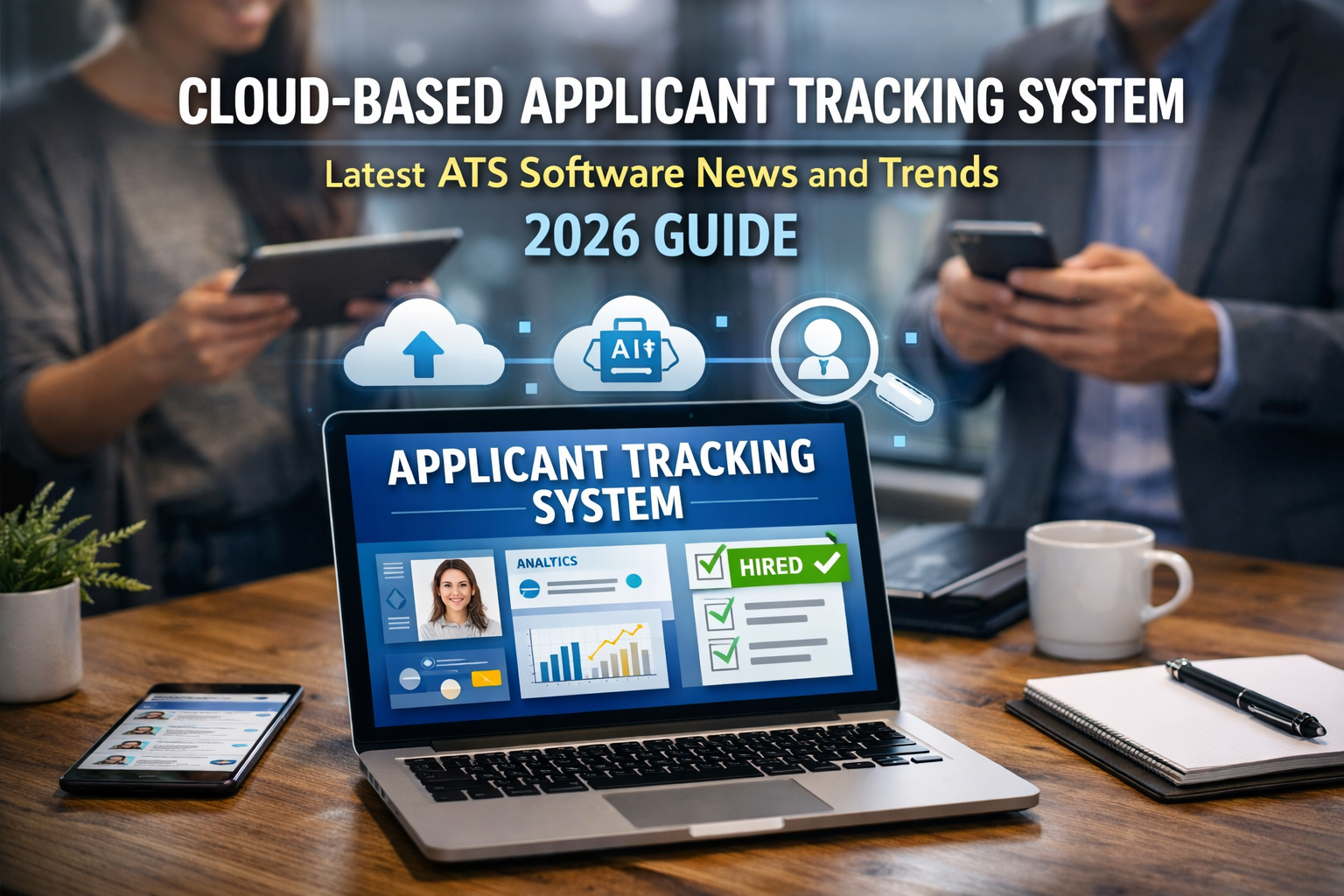 Cloud-based applicant tracking system dashboard with AI recruitment analytics and candidate hiring interface on laptop