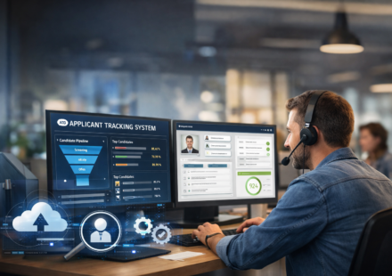 Cloud-based applicant tracking system dashboard with recruiter analyzing candidates and hiring pipeline on dual monitors