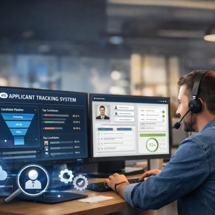 Cloud-based applicant tracking system dashboard with recruiter analyzing candidates and hiring pipeline on dual monitors