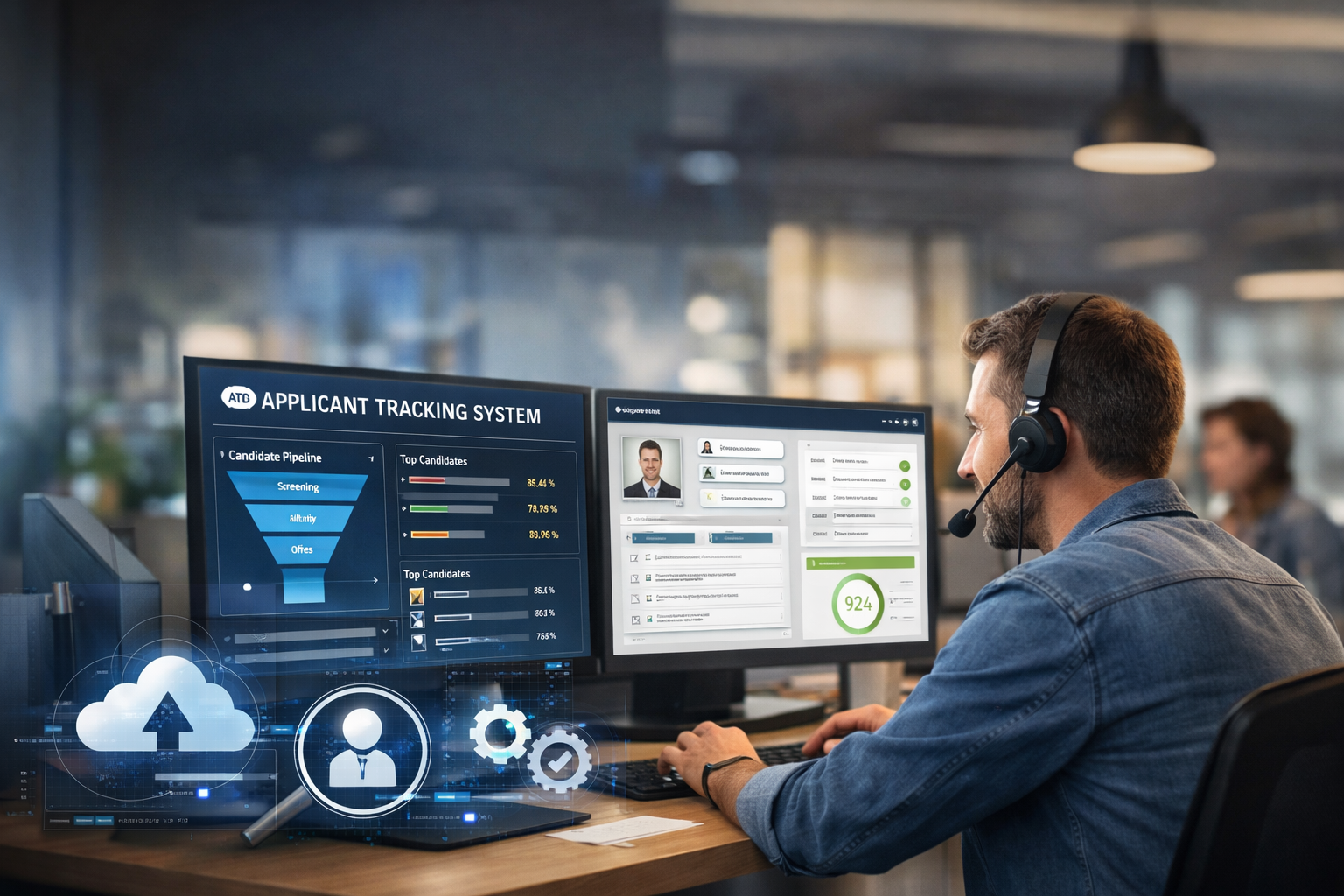 Cloud-based applicant tracking system dashboard with recruiter analyzing candidates and hiring pipeline on dual monitors