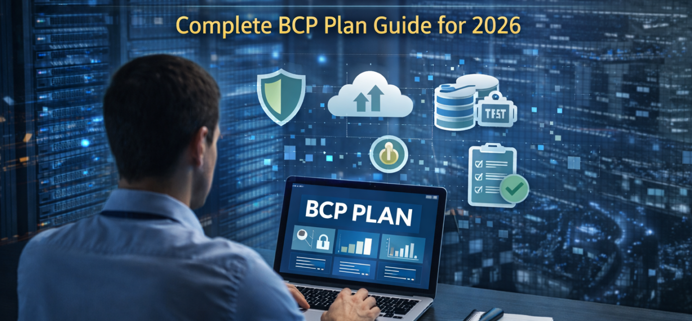 Disaster recovery business continuity plan dashboard with cloud backup, security icons, and IT professional managing BCP system