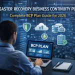 Disaster recovery business continuity plan dashboard with cloud backup, security icons, and IT professional managing BCP system