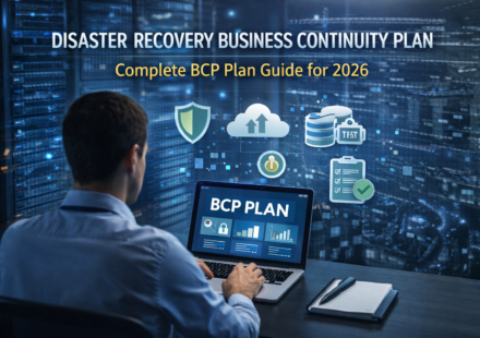 Disaster recovery business continuity plan dashboard with cloud backup, security icons, and IT professional managing BCP system
