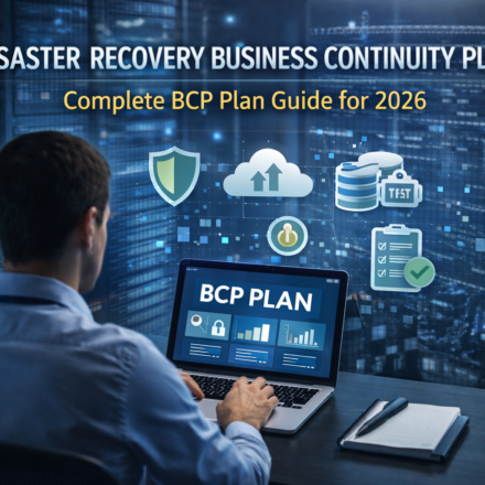 Disaster recovery business continuity plan dashboard with cloud backup, security icons, and IT professional managing BCP system