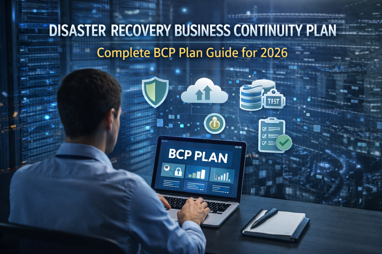 Disaster recovery business continuity plan dashboard with cloud backup, security icons, and IT professional managing BCP system