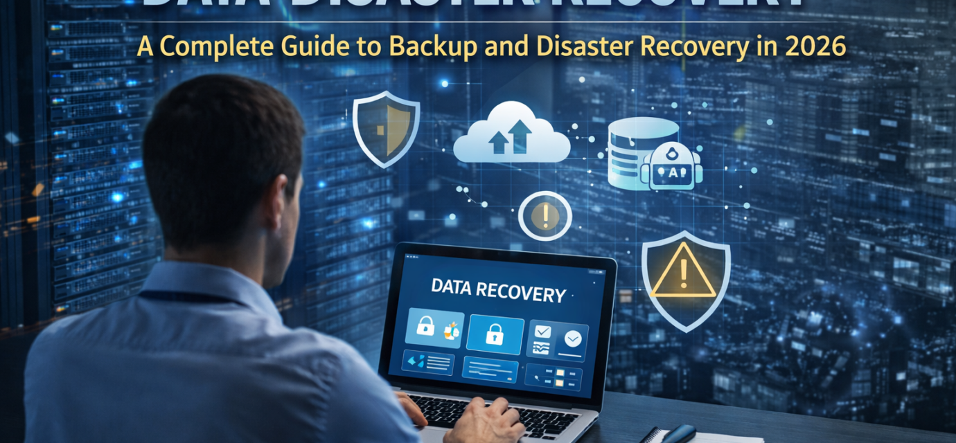 Data disaster recovery system with cloud backup, cybersecurity protection, and IT professional monitoring recovery dashboard